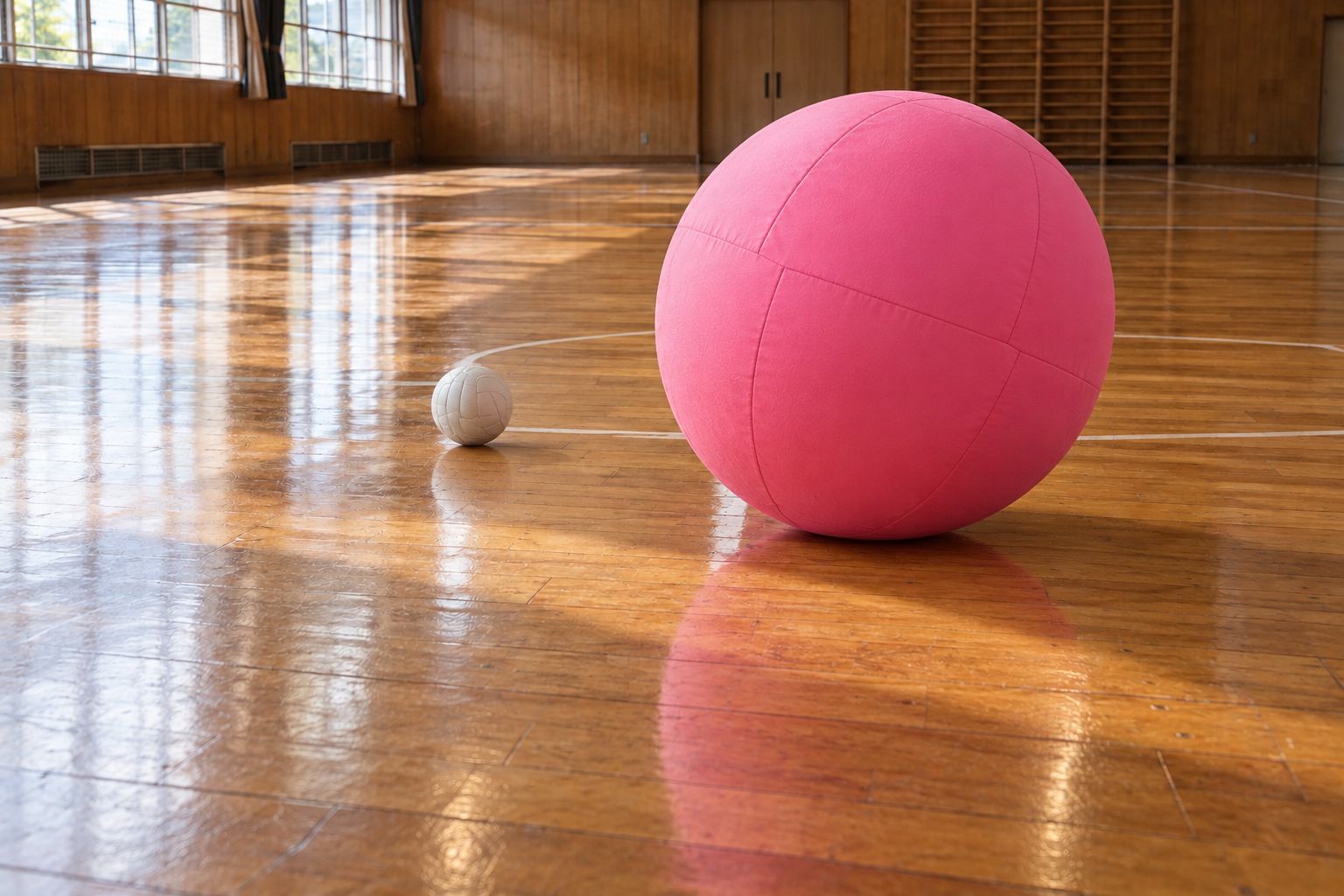 体育館の床に置いた、ピンク色の大きなキンボールとバレーボール